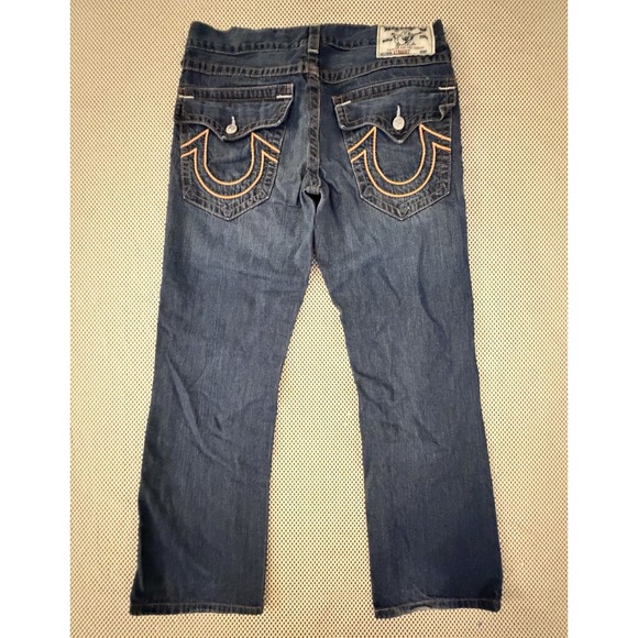 True Religion Ricky Jeans Size 34 Straight Leg Mid Rise Orange Flap Pockets USA - Picture 10 of 13